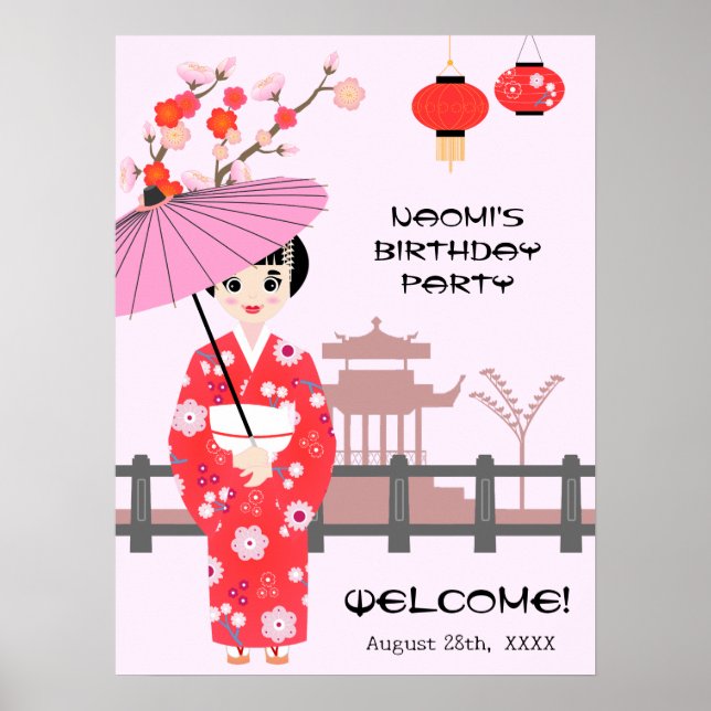 Póster Fiesta de Cumpleaños de Chica Japonesa Flor de Cer (Frente)