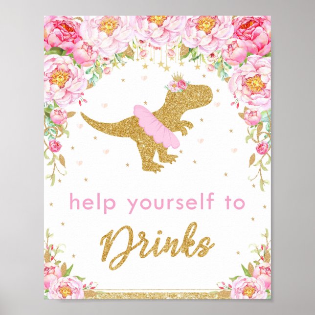 Póster Fiesta de cumpleaños de dinosaurios florales T-Rex (Frente)