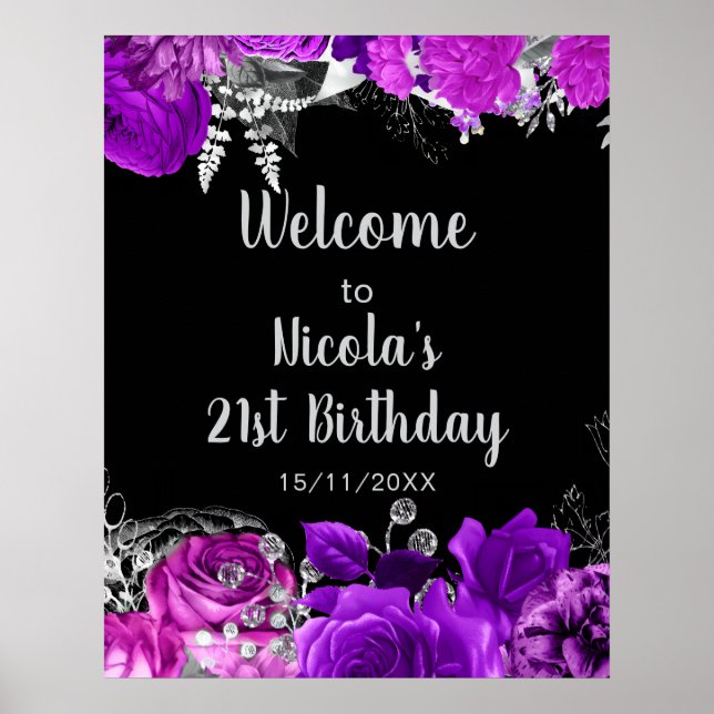 Póster Fiesta de Cumpleaños de Flores Moradas y Plateadas (Frente)