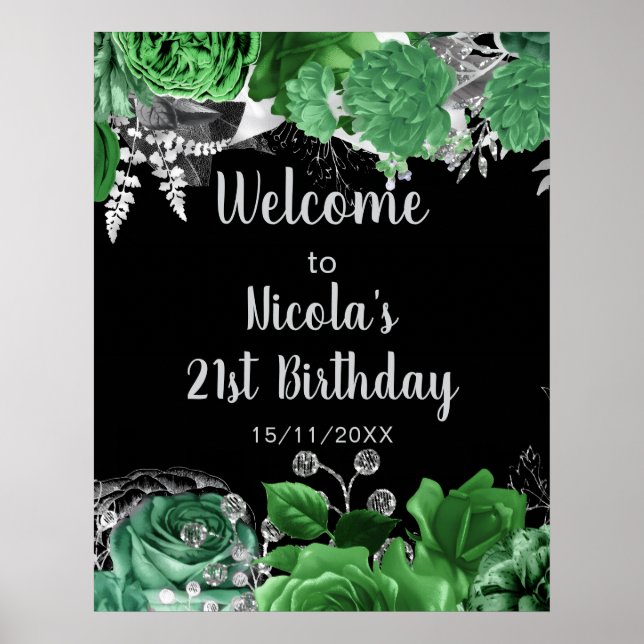 Póster Fiesta de Cumpleaños de Flores Verdes y Plateadas  (Frente)