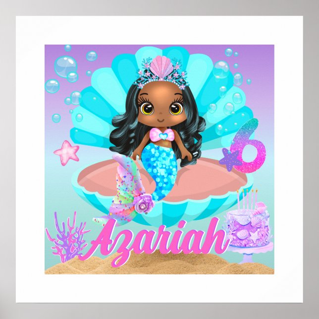 Póster Fiesta de cumpleaños de la Princesa Sirena Negra 6 (Frente)