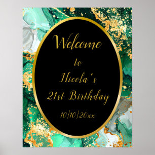Póster Fiesta de cumpleaños de Marble Agitado de Oro y Ve