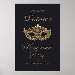 Póster Fiesta de cumpleaños de máscara de oro negro