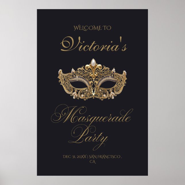 Póster Fiesta de cumpleaños de máscara de oro negro (Frente)
