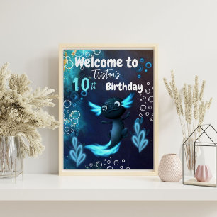 Póster Fiesta de cumpleaños de Neon Axolotl azul oscuro