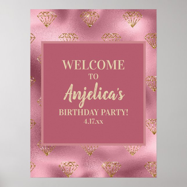 Póster Fiesta de cumpleaños de niña con diamantes de purp (Frente)