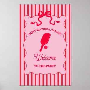 Póster Fiesta de Cumpleaños de Pickleball con Rayas Rojas