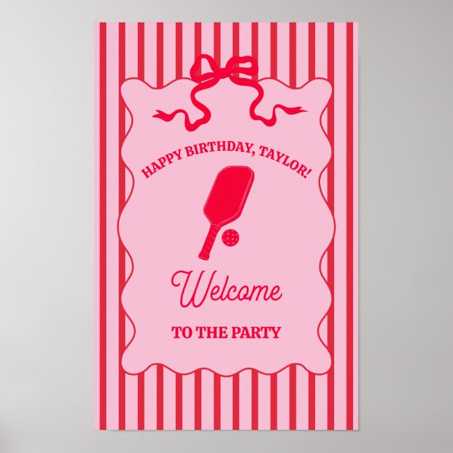 Póster Fiesta de Cumpleaños de Pickleball con Rayas Rojas (Frente)