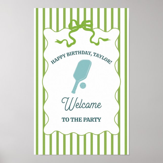 Póster Fiesta de Cumpleaños de Pickleball con Rayas Verde (Frente)