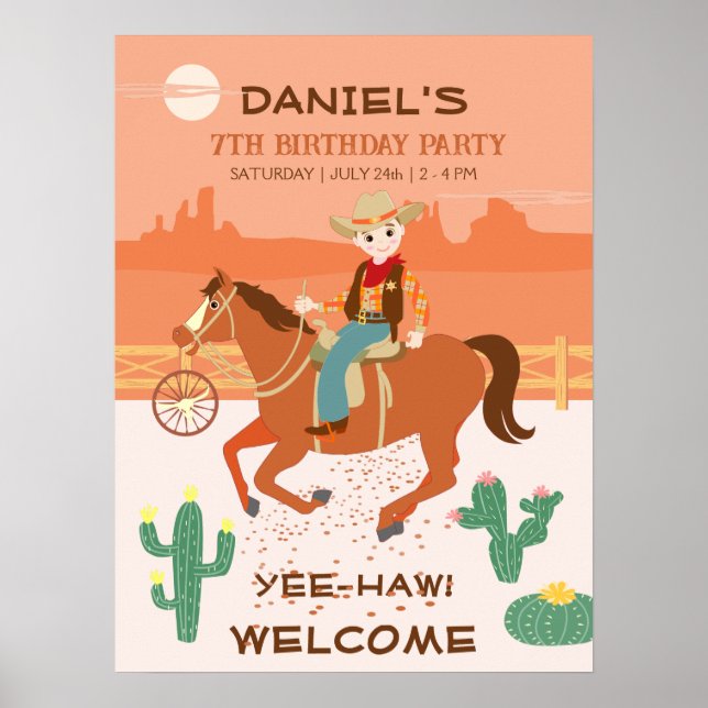 Póster Fiesta de cumpleaños de vaquero y caballo genial (Frente)
