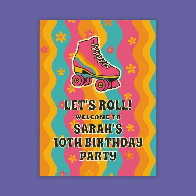 Póster Fiesta de cumpleaños del Chica Retro Roller Skate (Welcome Girl Retro Roller Skate Birthday Party Poster
)