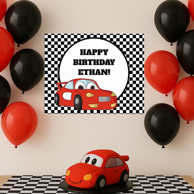 Póster Fiesta de cumpleaños del coche de carreras rojo co (Red race car birthday party poster)