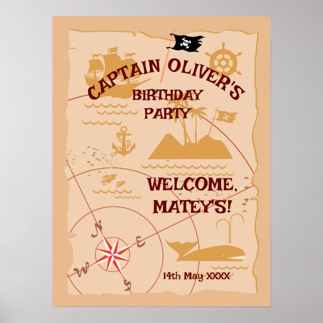 Póster Fiesta de cumpleaños del mapa del tesoro de Pirate (Frente)