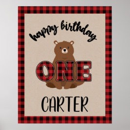 Póster Fiesta de cumpleaños del oso de cuadros Wild ONE