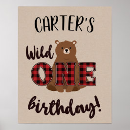 Póster Fiesta de cumpleaños del oso de cuadros Wild ONE