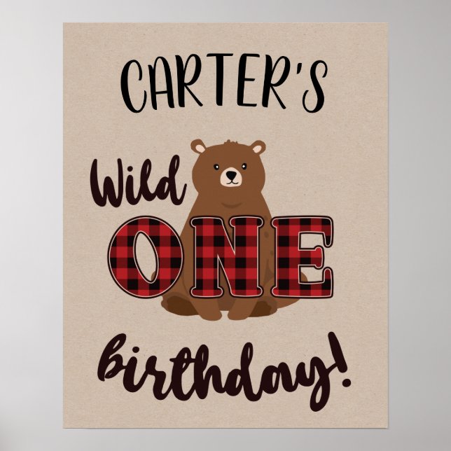 Póster Fiesta de cumpleaños del oso salvaje One Plaid (Frente)