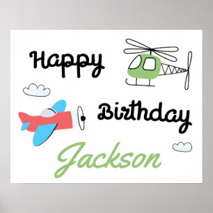 Póster Fiesta de Cumpleaños Feliz de Avión y Helicóptero