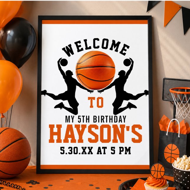 Póster Fiesta de cumpleaños número 5 del niño con balonce (orange basketball Boy 5TH Birthday Party Poster)