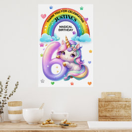 Póster Fiesta de cumpleaños número 6 de arcoíris y unicor