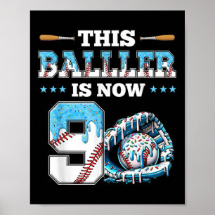 Póster Fiesta de cumpleaños número 9 de béisbol Drip niño