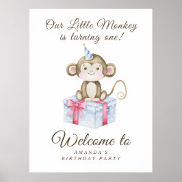 Póster Fiesta de cumpleaños número uno de mono lindo acua