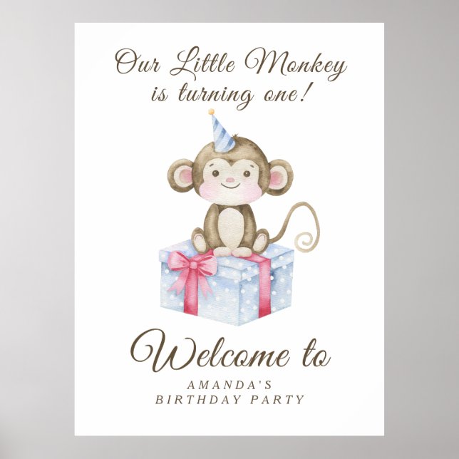 Póster Fiesta de cumpleaños número uno de mono lindo acua (Frente)