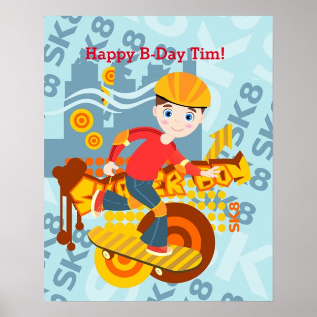 Póster Fiesta de cumpleaños para niños de graffiti skateb (Frente)