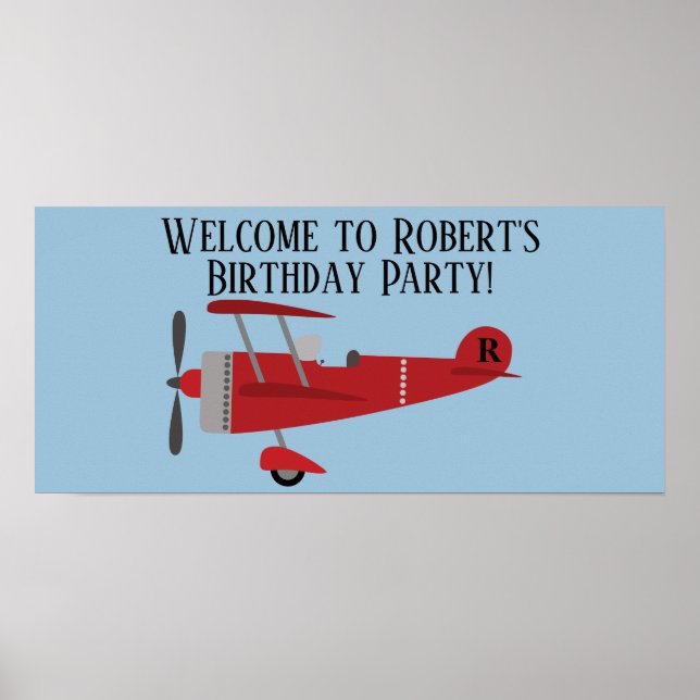 Póster Fiesta de Cumpleaños Personalizada Avión Rojo Azul (Frente)