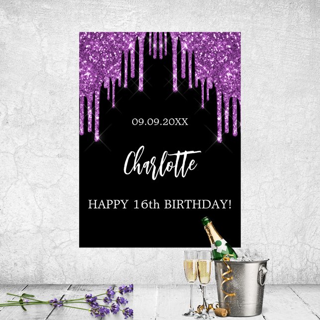 Póster Fiesta de cumpleaños purpurina morado negro gotea  (Subido por el creador)