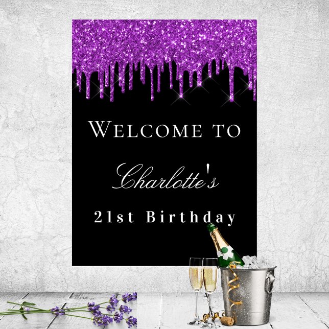 Póster Fiesta de cumpleaños purpurina morado negro goteo  (Subido por el creador)