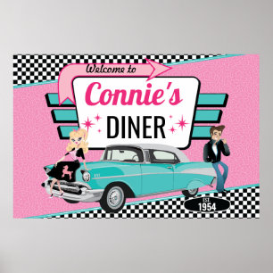Póster Fiesta de cumpleaños retro de los 50 en un diner c