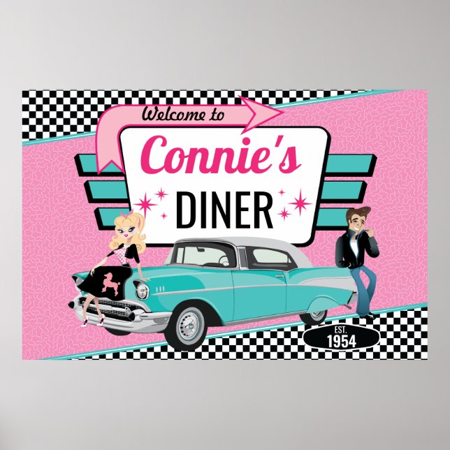 Póster Fiesta de cumpleaños retro de los 50 en un diner c (Frente)