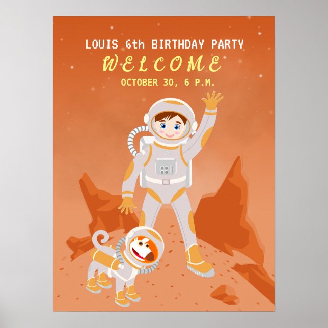 Póster Fiesta de cumpleaños temática de niño astronauta e (Frente)