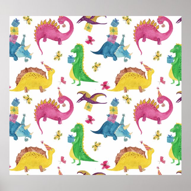 Póster Fiesta de dinosaurios: patrón de acuarela. (Frente)