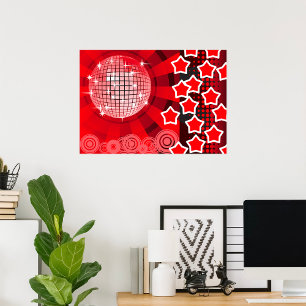 Póster Fiesta de disco rojo con estrellas y bola Purpurin