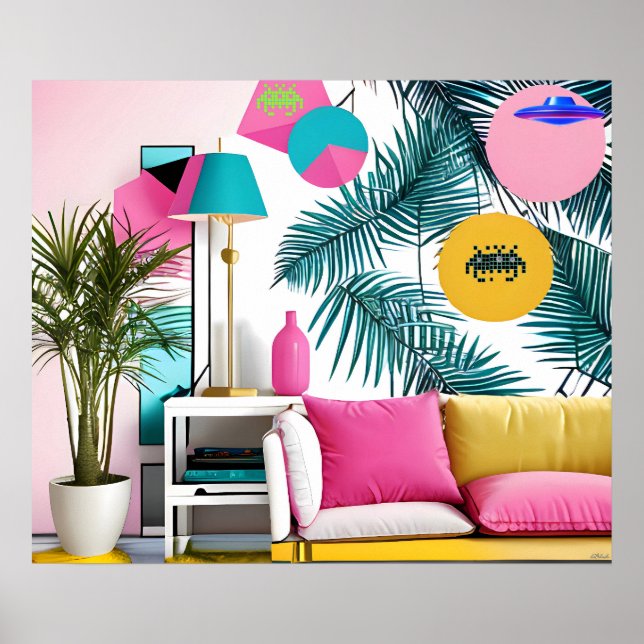 Póster Fiesta de Diseño Memphis en la Sala de Estar (Frente)