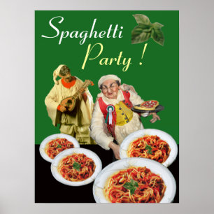 Póster FIESTA DE ESPAGUETIS Chef italiano y Pulcinella Ve