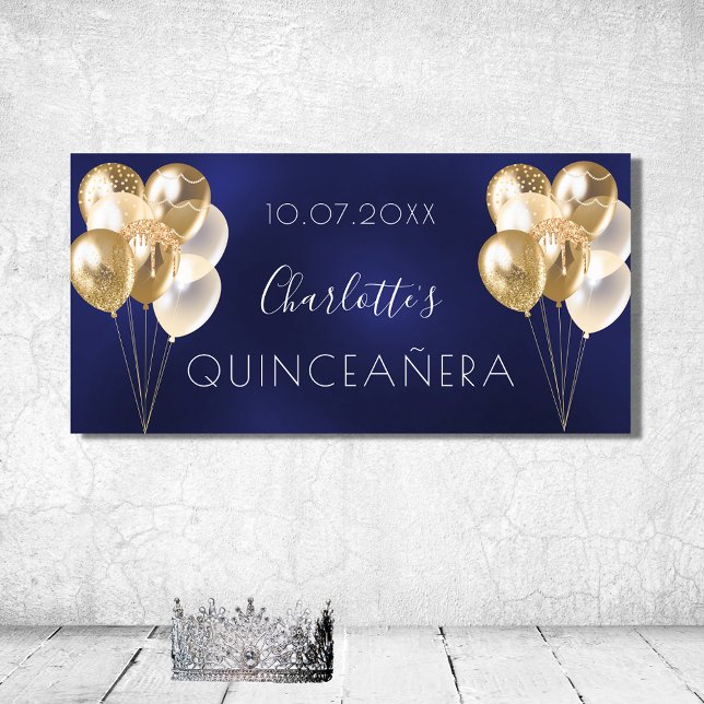 Póster Fiesta de globos de oro azul marino Quinceanera (Subido por el creador)