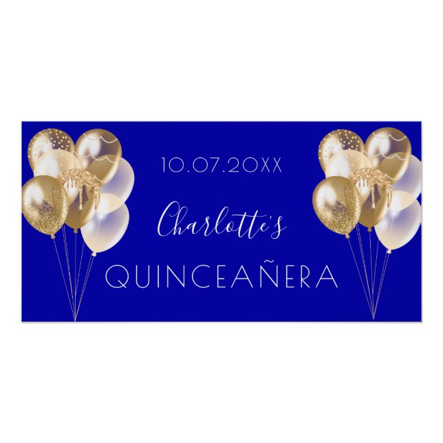 Póster Fiesta de globos de oro azul real de Quinceanera (Anverso)