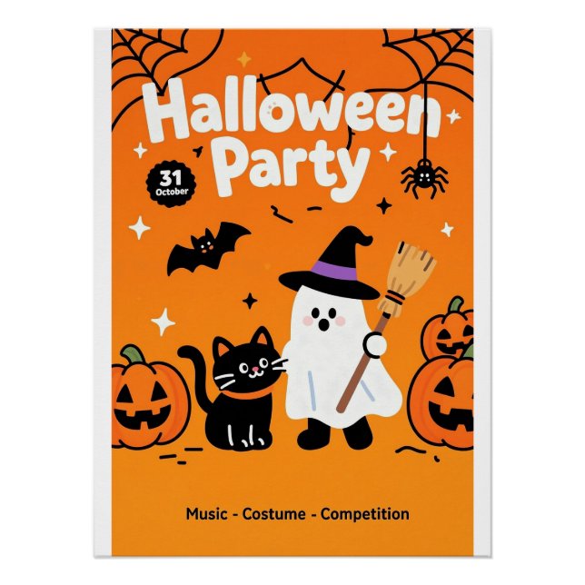 Póster Fiesta de Halloween de Gato Negro Fantasma (Anverso)