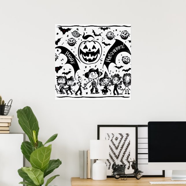 Póster fiesta de Halloween en negro y blanco (Oficina en casa)