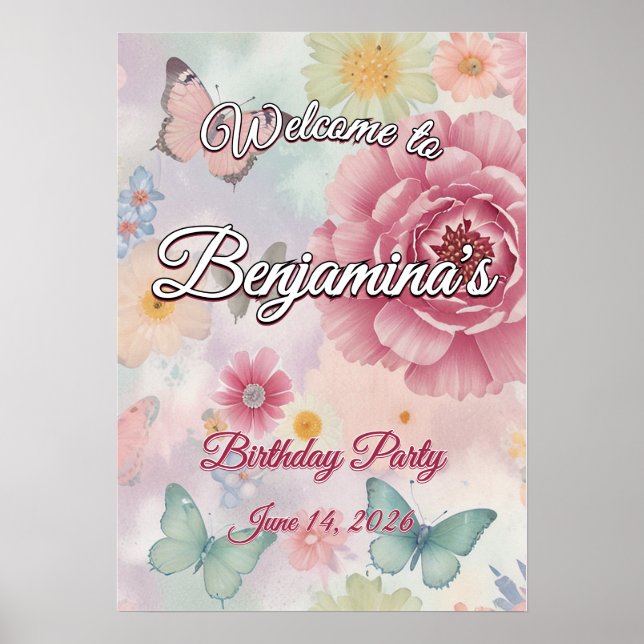 Póster Fiesta de Jardín de Pastel Flores y Mariposas Bien (Frente)