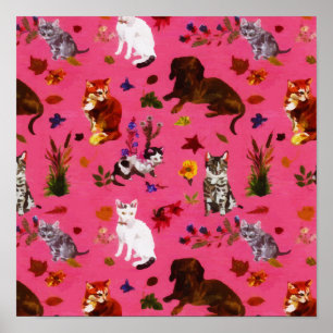 Póster Fiesta de jardín floral de perros de gato Mascota 