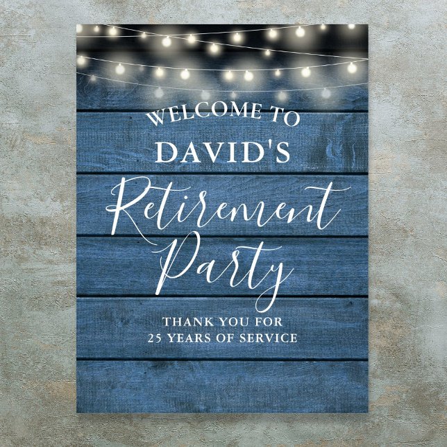 Póster Fiesta de Jubilación de Blue Rusood String Luces d (Blue Rustic Wood String Lights Retirement Party Poster)