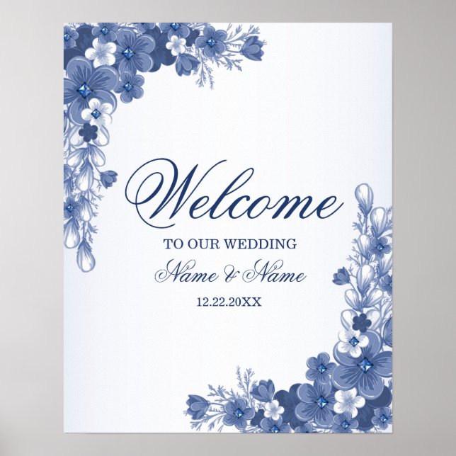 Póster Fiesta de la Boda de Bienvenida Floral Azul Rústic (Frente)