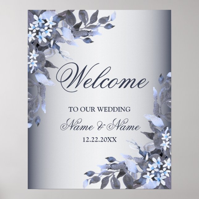 Póster Fiesta de la boda de bienvenida Marina Floral Azul (Frente)