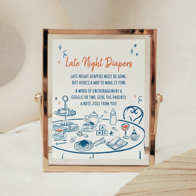 Póster Fiesta de la mano dibujado Baby Shower Diapers noc (Hand Drawn Baby Brunch Party Baby Shower Late Night Diapers Sign)