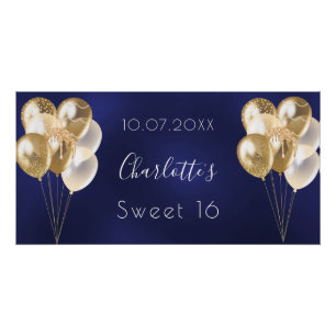 Póster Fiesta de los globos dorados azul marino Sweet 16