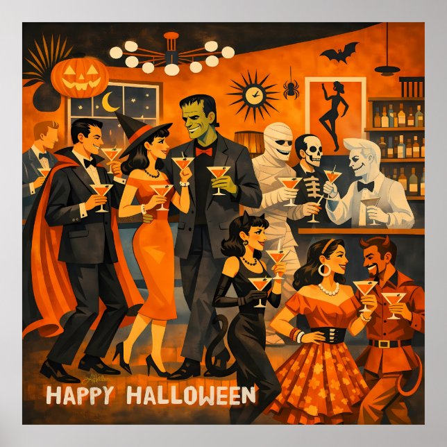 Póster Fiesta de Martini de Halloween Moderno de Mitad de (Frente)