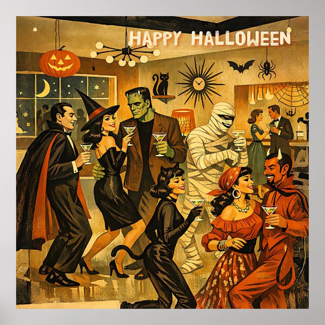 Póster Fiesta de Martini de Halloween Retro de la Mitad d (Frente)